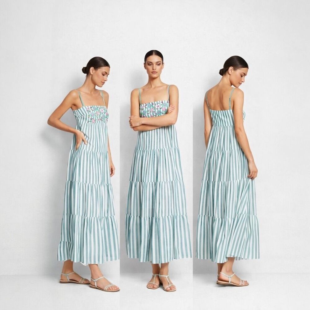 Seafolly Bandana Bay Embroidered Stripe Maxi Dress,Size Small Tiered , NWT